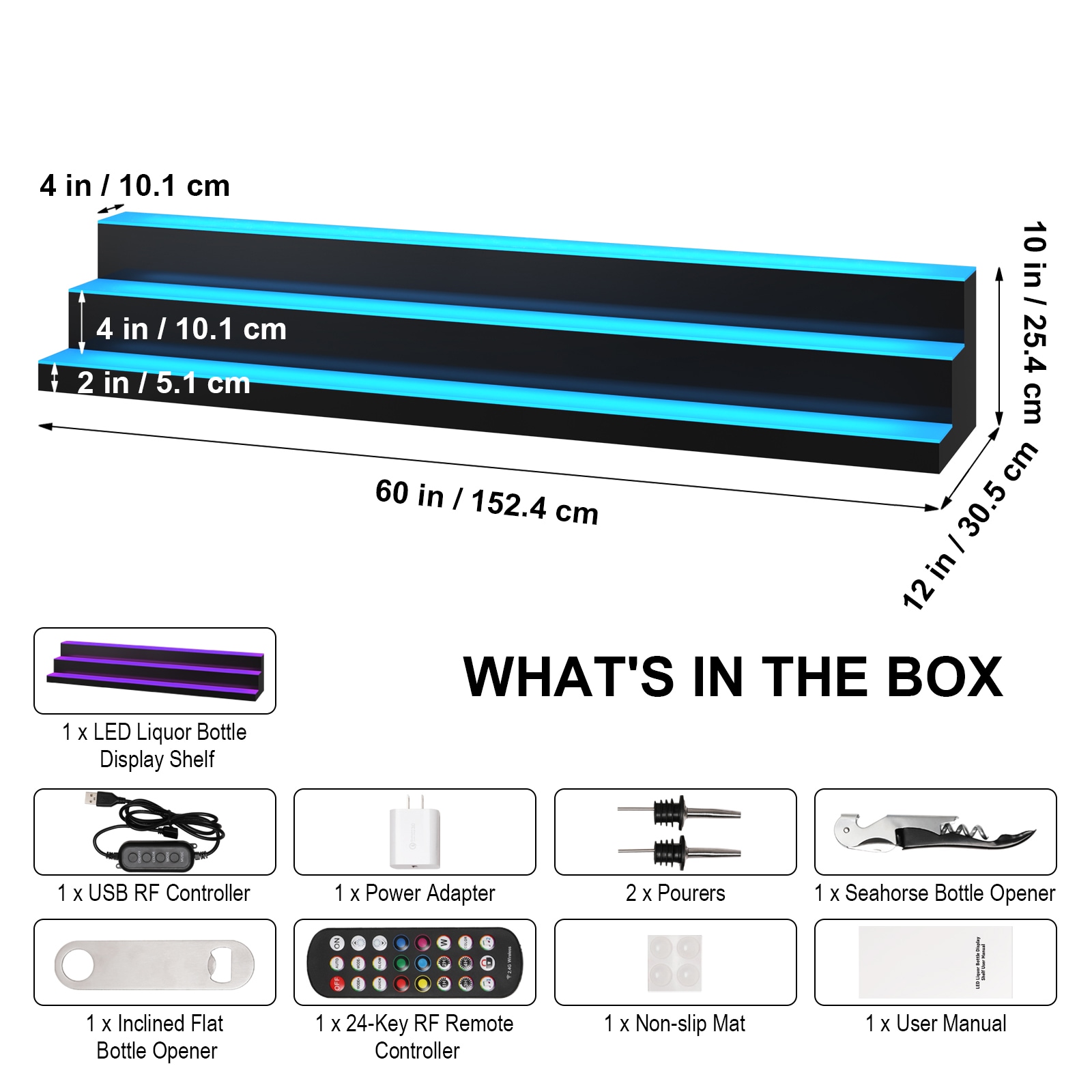 LED Lighted Liquor Bottle Display Bar Shelf RF & App Control 60" 3-Step_voghion.com
